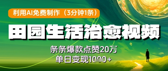 利用AI免费制作田园生活治愈视频，条条爆款点赞20W，单日变现几张-理想项目库