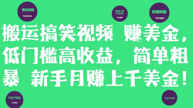 搬运搞笑视频挣美金，低门槛高收益，简单粗暴新手月入上千美刀-理想项目库