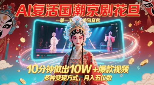 AI复活国潮京剧花旦，一颦一笑美到窒息，10分钟做出10W+爆款视频，多种变现方式，月入五位数-理想项目库