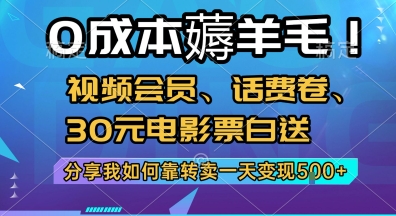 0成本薅羊毛!视频会员、话费卷、30元电影票白送，分享我如何靠转卖一天变现5张+【揭秘】-理想项目库